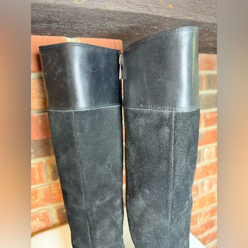 Edgy Vince Camuto Riding Boot Blk Leather & Suede Biker Riding Knee High MOTO - Picture 5 of 13